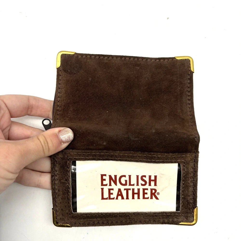 New Vintage English Leather Brown Suede Zip Around Bifold Photo Wallet 5x3.25